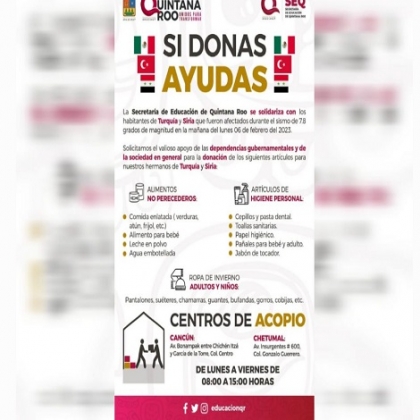 El Gobierno de Mara Lezama a través de la SEQ se solidariza con población de Turquía y Siria