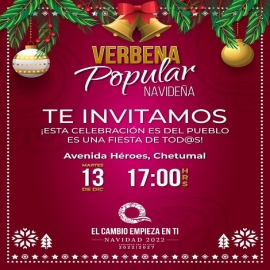 El martes 13 de diciembre te esperamos con toda tu familia en la Verbena Popular Navideña, en la Av. Héroes, #Chetumal ?. Habrá música, baile, piñata, comida y muchas sorpresas. Vístete navideño y ven a disfrutar, ¡el acceso es gratuito! ?✨